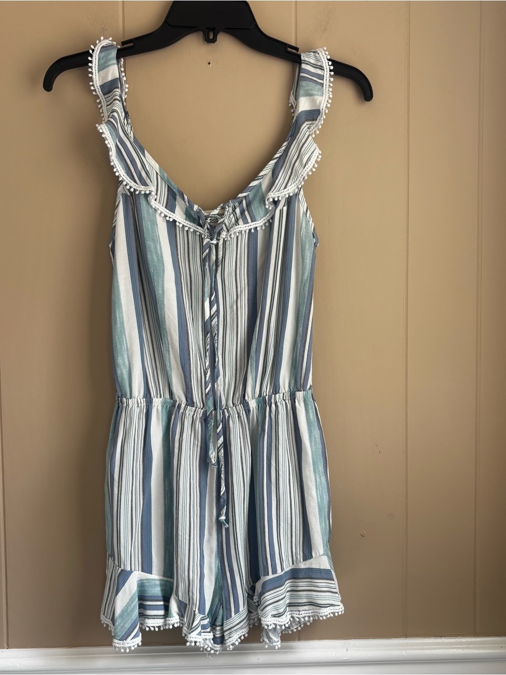 Ocean Drive Girls Striped Ruffle Romper with Pom-Pom Trim Blue & White. Size M